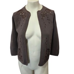 Vintage 100% Wool Beaded Cardigan Sweater Brown Floral Lace‎ Open Front 36